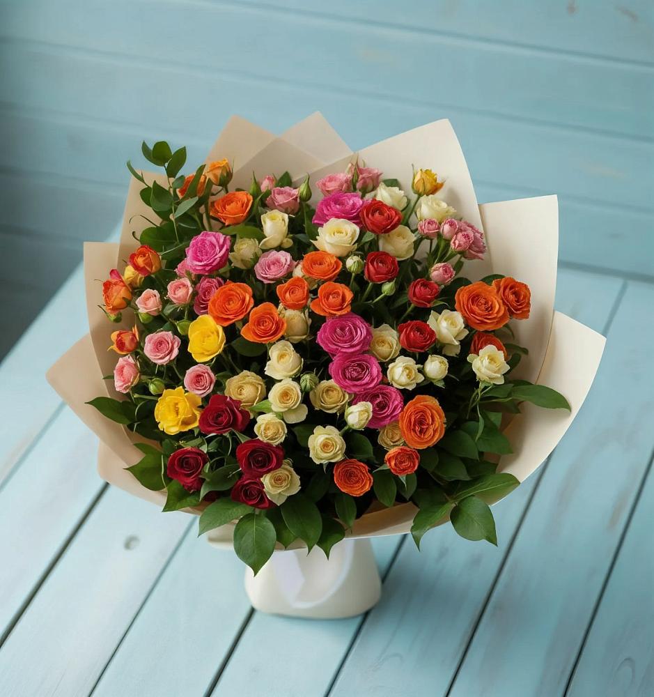 Букет Микс из разноцветных кустовых роз в Соболево