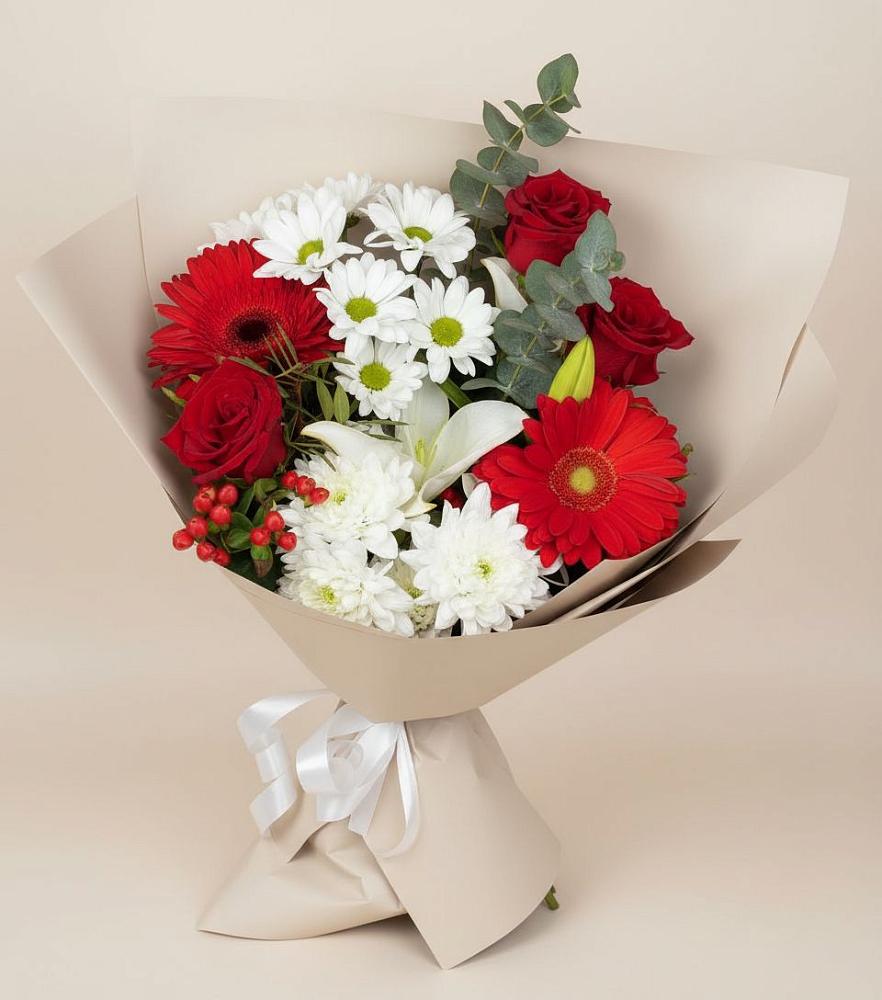 Букет цветов из: Розы, Хризантемы, Герберы и Лилии в Соболево