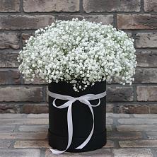 Цветочная композиция из Гипсофила в шляпной коробке в Соболево