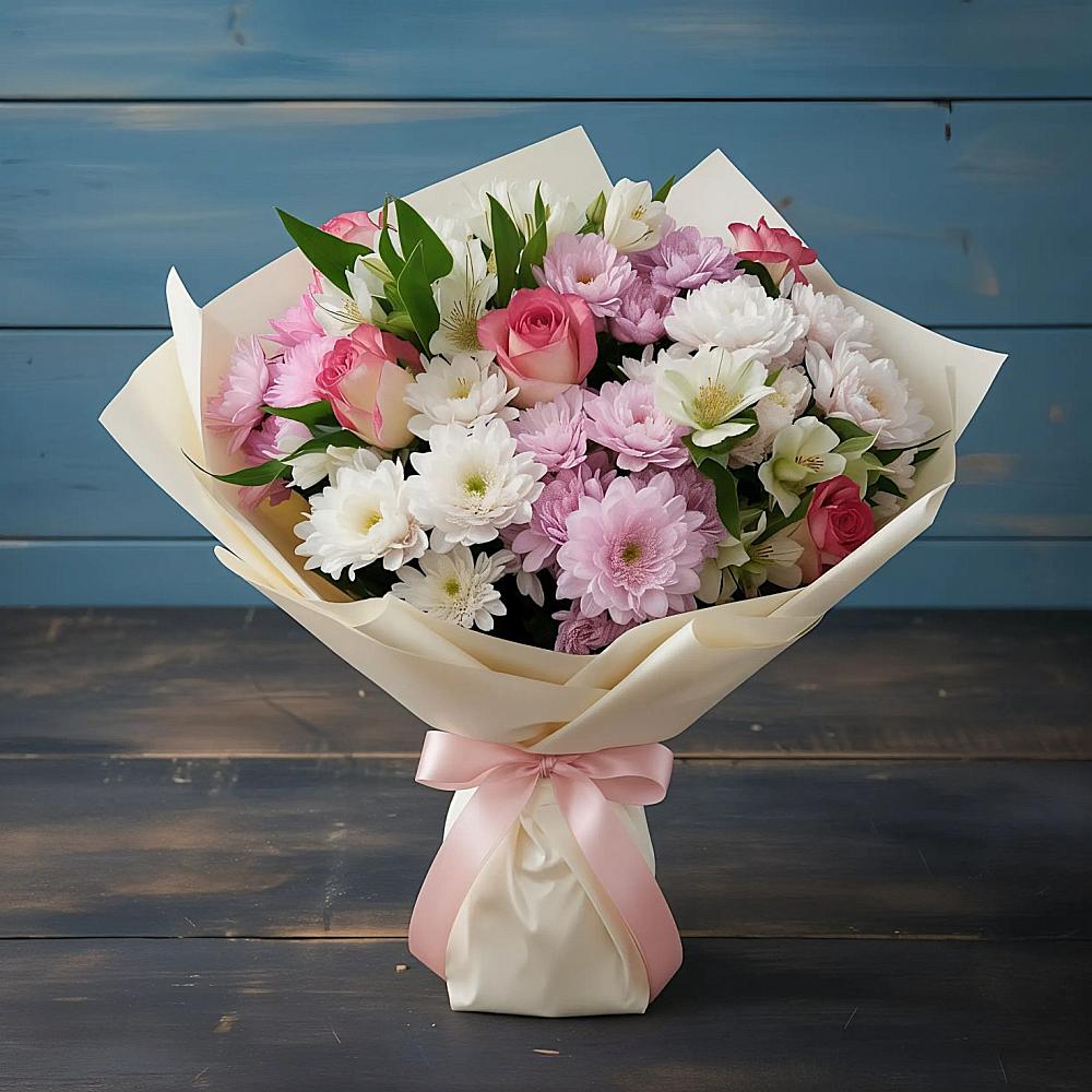 Букет цветов из: Хризантемы, Альстромерии и Розы в Соболево